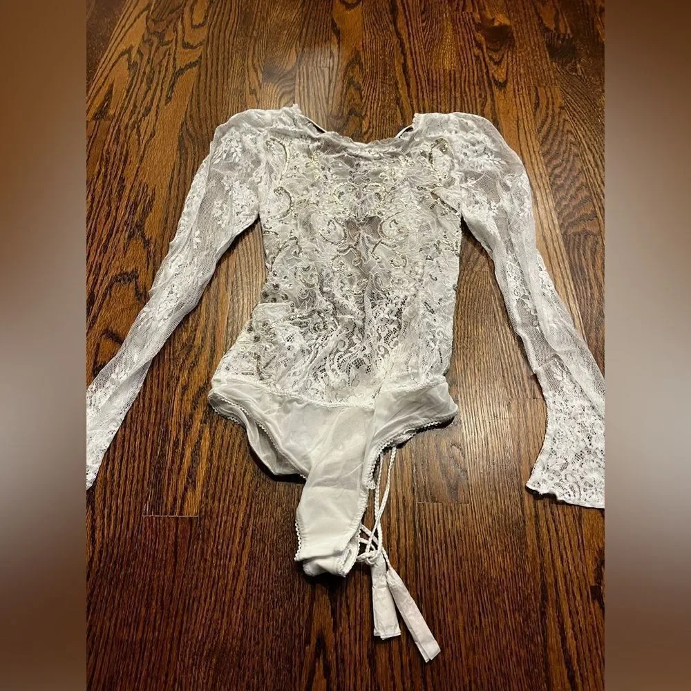FREE PEOPLE Intimately Bodysuit White Embellished Lace Mesh Sheer Sz Small
